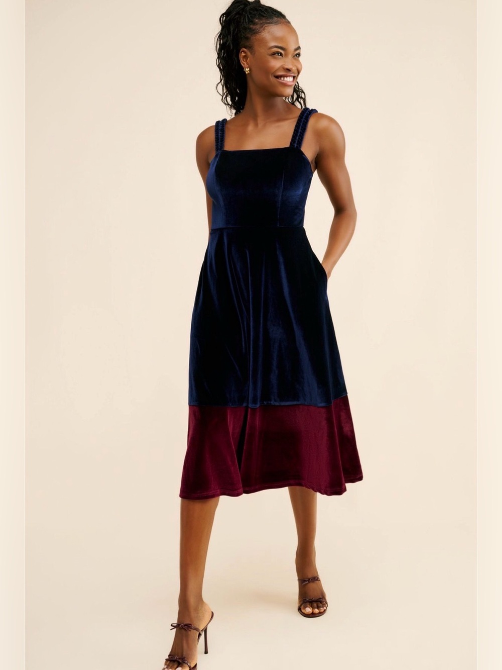 Anthropologie Hutch Navy and Wine braided strap Velvet Midi Dress